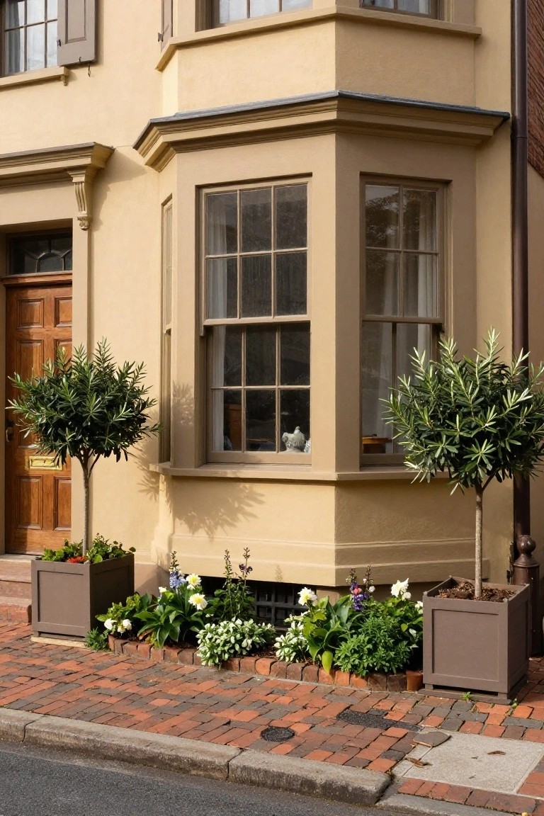 Beige colonial house exterior showing wooden front door, bay window, potted olive trees flanking the entry, flower beds, and brick sidewalk.