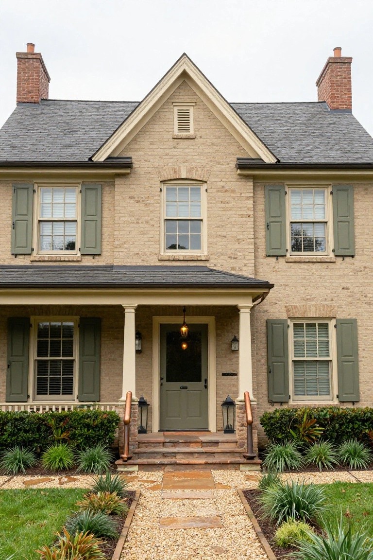 A two-story tan brick Colonial house with green shutters, a covered front porch, lanterns, stone steps, and low plantings along a gravel path.