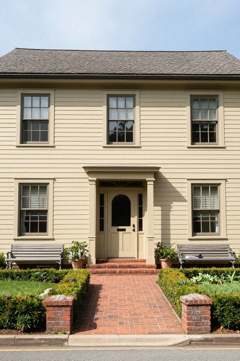 Two-story beige clapboard colonial house with symmetrical multi-pane windows, central arched door under a small porch, flanked by benches and potted plants, brick pathway, boxwood hedges, and brick piers.