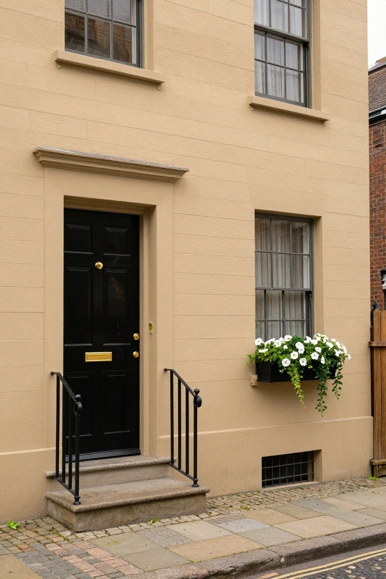 Beige stucco townhouse facade with black paneled front door, brass knocker and letterbox, white flower box in second-story window, black iron railings on stone steps, adjacent to brick building on cobblestone street.
