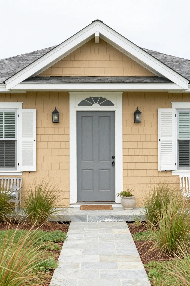 Beige shingle-sided house with gabled entry, white trim, gray paneled front door, shuttered windows, wall lanterns, stone paver pathway, potted plant, bench, and ornamental grasses in front yard under overcast sky.