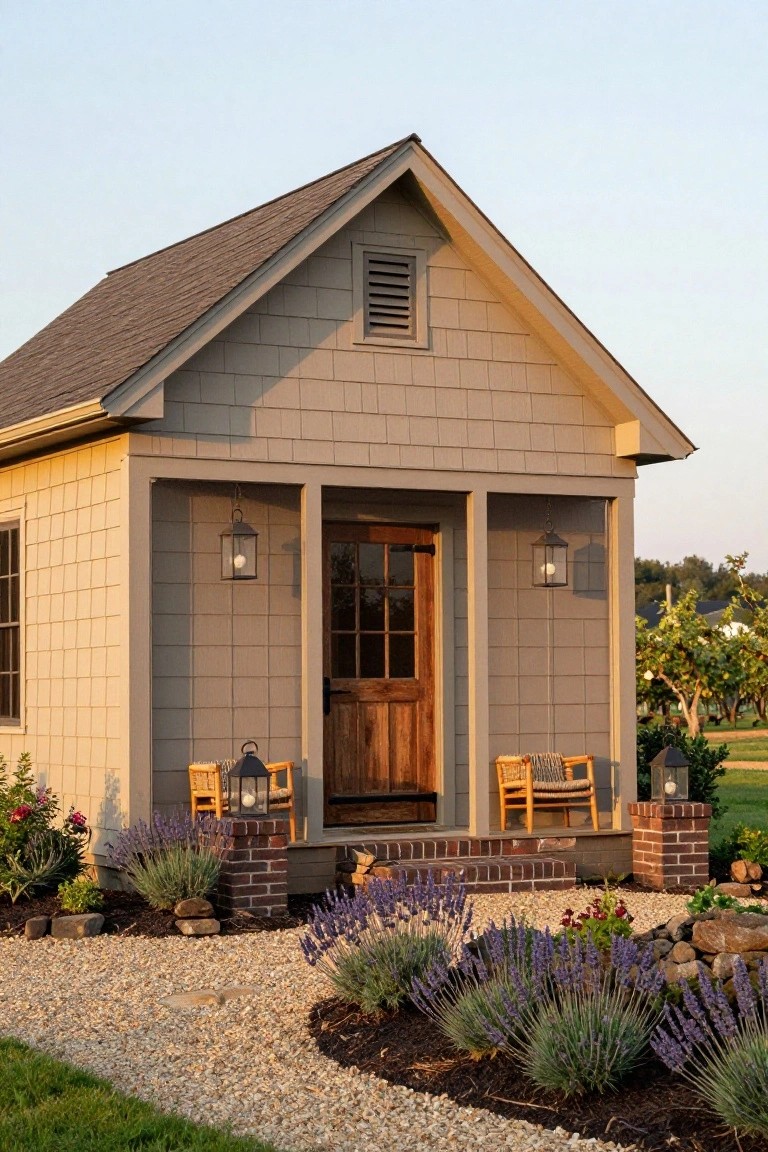 A small gabled beige shingled house with vertical siding, covered front porch, wooden door, hanging lanterns, two chairs, brick piers, and lavender plants along a gravel path edged by grass and mulch.