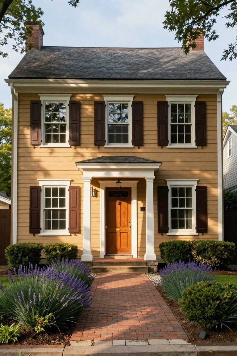 A two-story beige colonial house with dark shutters, white trim, wooden front door, brick walkway, lavender bushes, and boxwoods in the front yard.