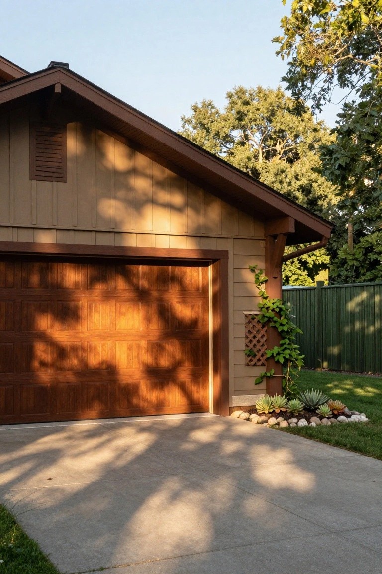Side view of a beige house with brown wood garage door, concrete driveway, succulent plants in rock bed, vine on lattice by green fence, trees in background.