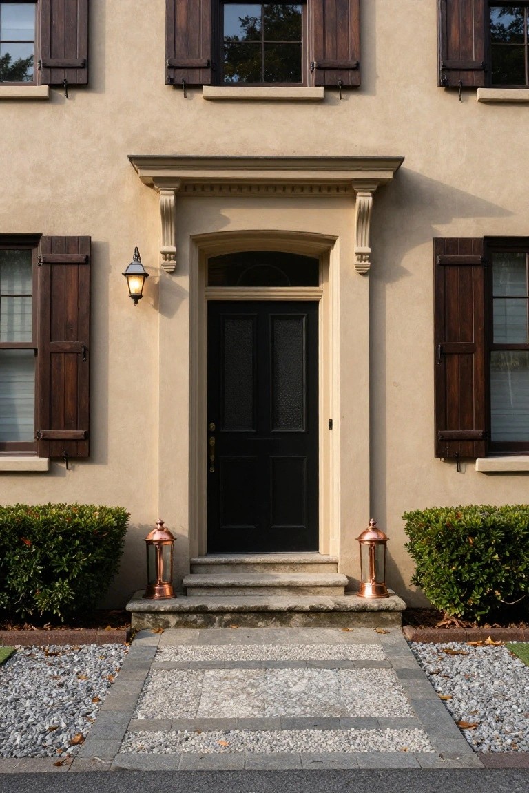 Beige stucco colonial house exterior featuring a centered black front door with wooden shutters on flanking windows, copper lanterns on either side of the steps, and low boxwood shrubs.