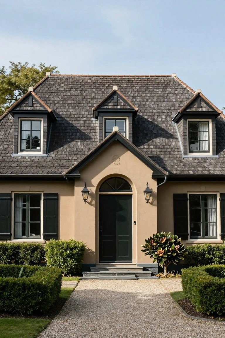 Front view of a colonial-style house with tan stucco walls, black window frames and shutters, arched black front door, dark slate roof, lantern lights, and boxwood hedges flanking a gravel path.