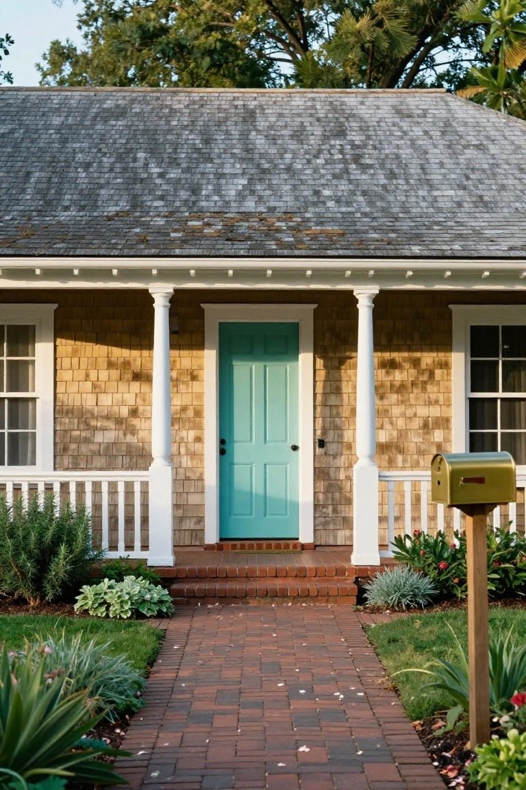 Colonial house exterior with tan shingle siding, white porch columns, turquoise front door, white-framed windows, brick walkway, gold mailbox, and low plants on both sides.