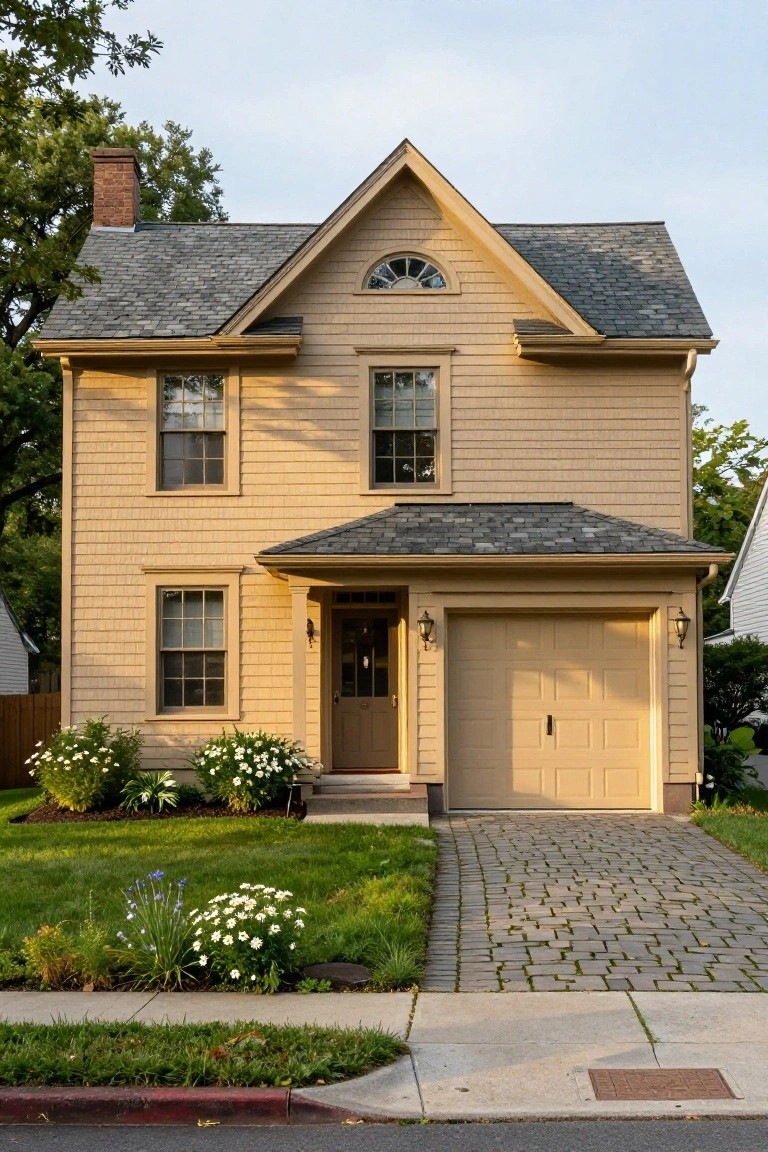 Two-story beige shingle-clad Colonial house with dark gray gabled roof, attached beige garage door, front entry porch with steps, landscaped yard featuring shrubs and flowers, cobblestone driveway, and street curb.
