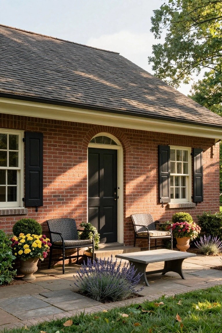 Red brick house with black shutters on windows, black front door under arched window, small covered porch with two wicker chairs, stone table, potted plants, and lavender beside bluestone patio.