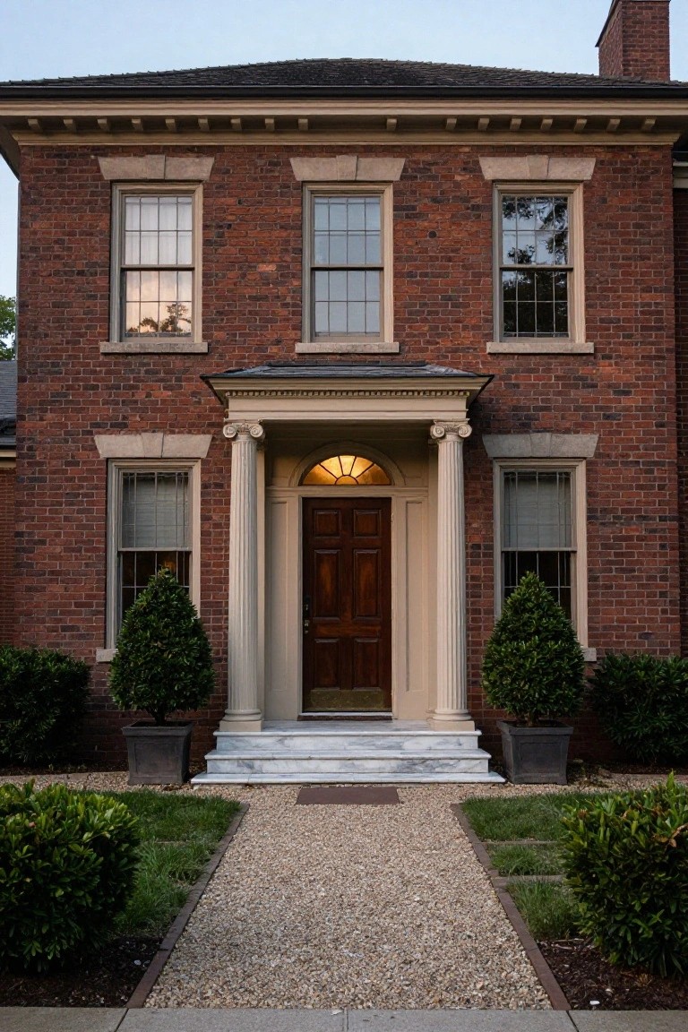 Two-story red brick colonial house with white fluted columns supporting a pedimented portico, wooden front door, fanlight window, marble steps, boxwood shrubs in pots, and gravel pathway.