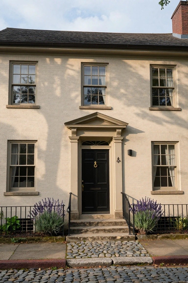 Two-story beige stucco colonial house with symmetrical multi-pane windows, central black paneled door under a pedimented surround with pilasters, iron railing and potted lavender plants flanking stone entry steps, adjacent to cobblestone street.