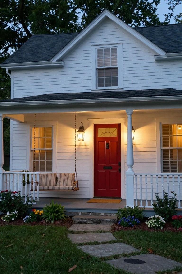 White clapboard colonial house exterior with gabled roof, covered front porch featuring hanging porch swing, red front door, lanterns, potted plants, flower beds, and stone walkway at dusk.