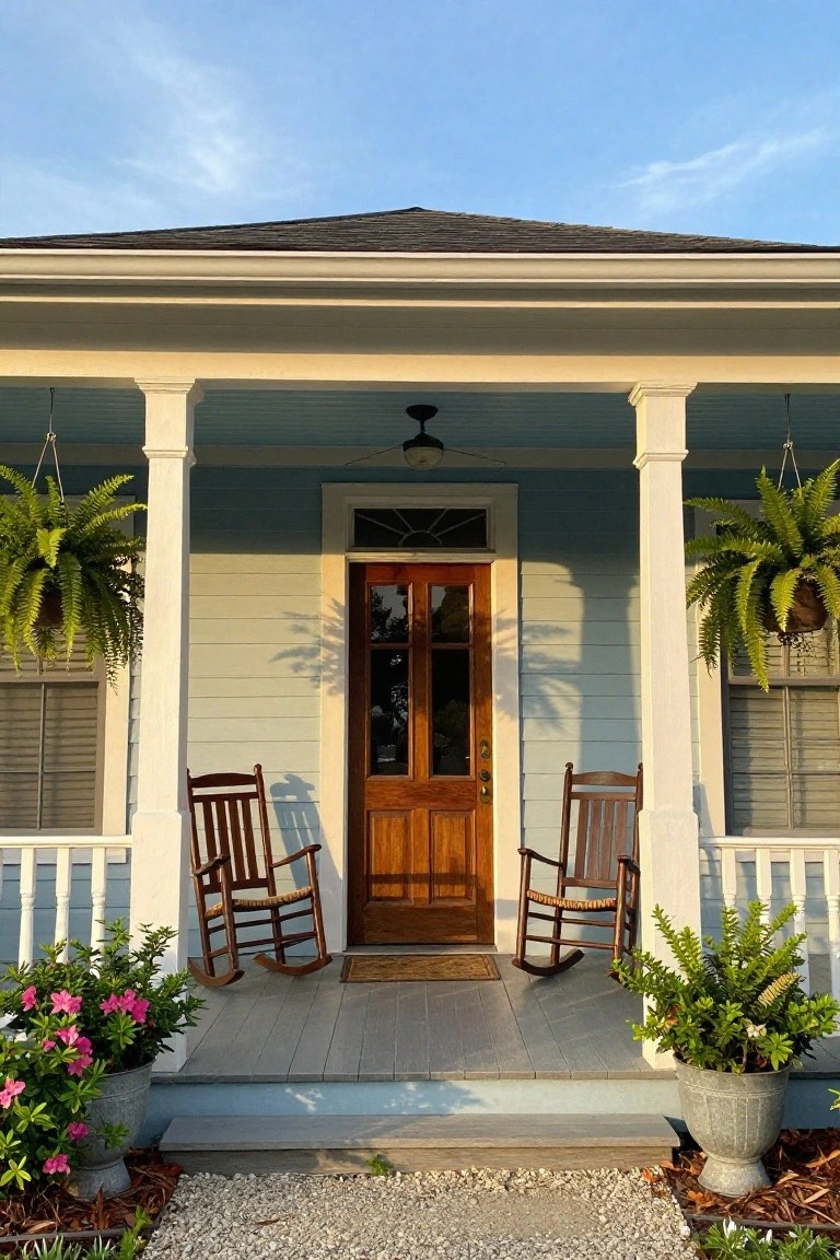 Light blue siding house with white porch columns and railing, wooden double front door with glass panels, two wooden rocking chairs on the porch, hanging ferns, potted plants in metal buckets, and gravel front path.