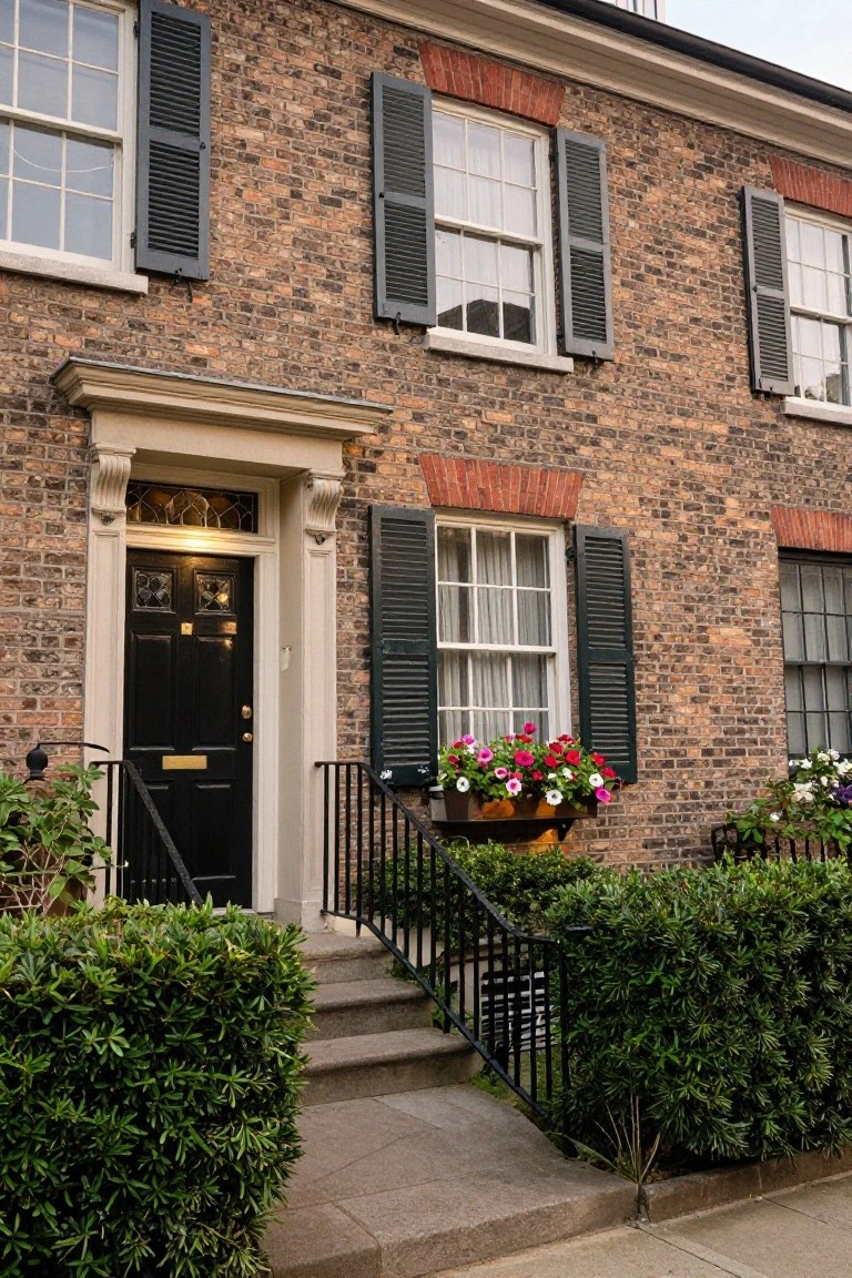 Three-story brick townhouse exterior with dark shutters, raised stoop featuring black front door in stone architrave, black iron railing, flanking boxwood shrubs, and colorful potted flowers on windows and stoop.