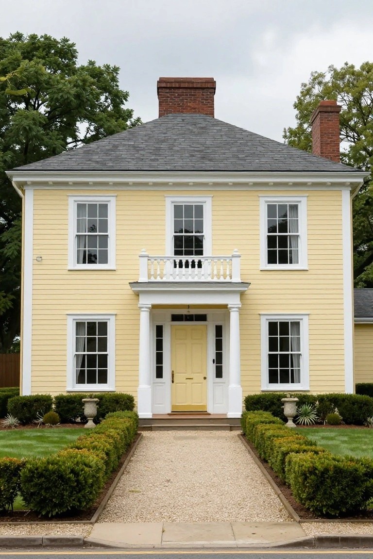 Two-story yellow clapboard colonial house with white trim, centered front porch supported by columns, double-hung windows, brick chimneys, flanked by boxwood hedges and gravel walkway.