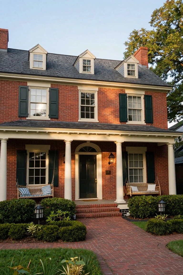 Red brick two-story colonial house with gabled roof, dormer windows, green shutters, columned front porch with hanging swings and lanterns, brick steps, and boxwood landscaping.