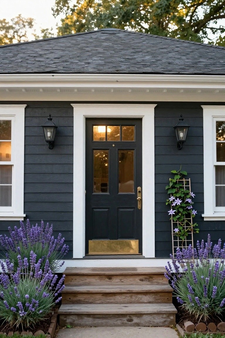 Front view of a dark shingle-sided house with white trim, symmetrical windows, black front door with glass panels, black lanterns, wooden porch steps, and lavender bushes flanking the entry.
