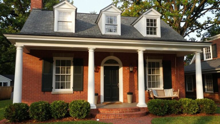 Red brick two-story colonial house with gabled roof, dormer windows, green shutters, columned front porch with hanging swings and lanterns, brick steps, and boxwood landscaping.