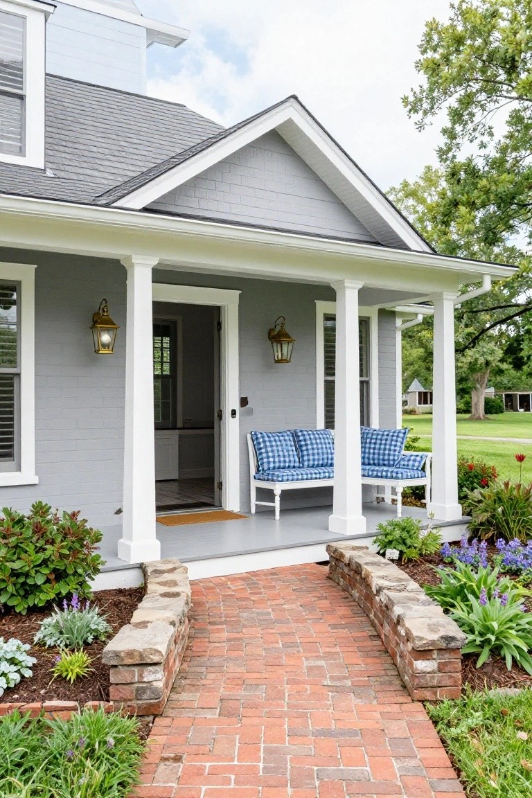 Gray clapboard house with gabled roof and white columned front porch, featuring a white bench with blue checkered cushions between columns, flanked by lanterns, open front door, and red brick pathway edged with stone walls and plants.