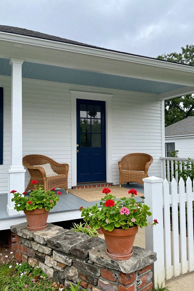 White clapboard colonial house exterior featuring a navy blue front door with glass panels, blue porch ceiling, two wicker armchairs with cushions on the porch, potted red geraniums on steps and stone retaining wall, beige rug, and white picket fence.