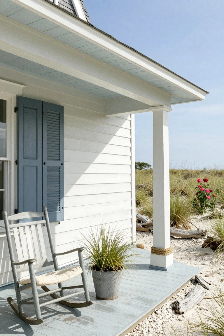 Corner of a white clapboard house with blue louvered shutters, gray wooden rocking chair on light blue decking, metal bucket with potted grass, white porch column wrapped in rope, and surrounding sand, driftwood, and beach grass near dunes.