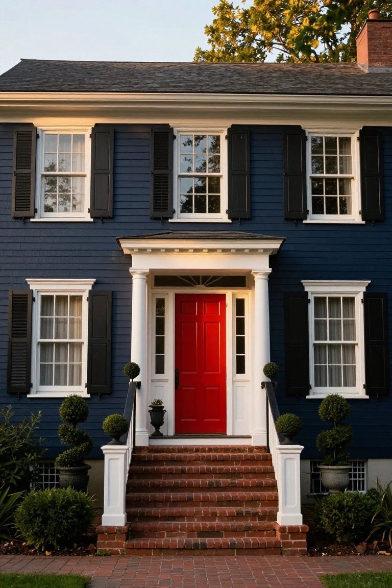 Two-story navy blue clapboard colonial house with white trim, red front door in a white-columned porch, brick steps, and topiary shrubs.