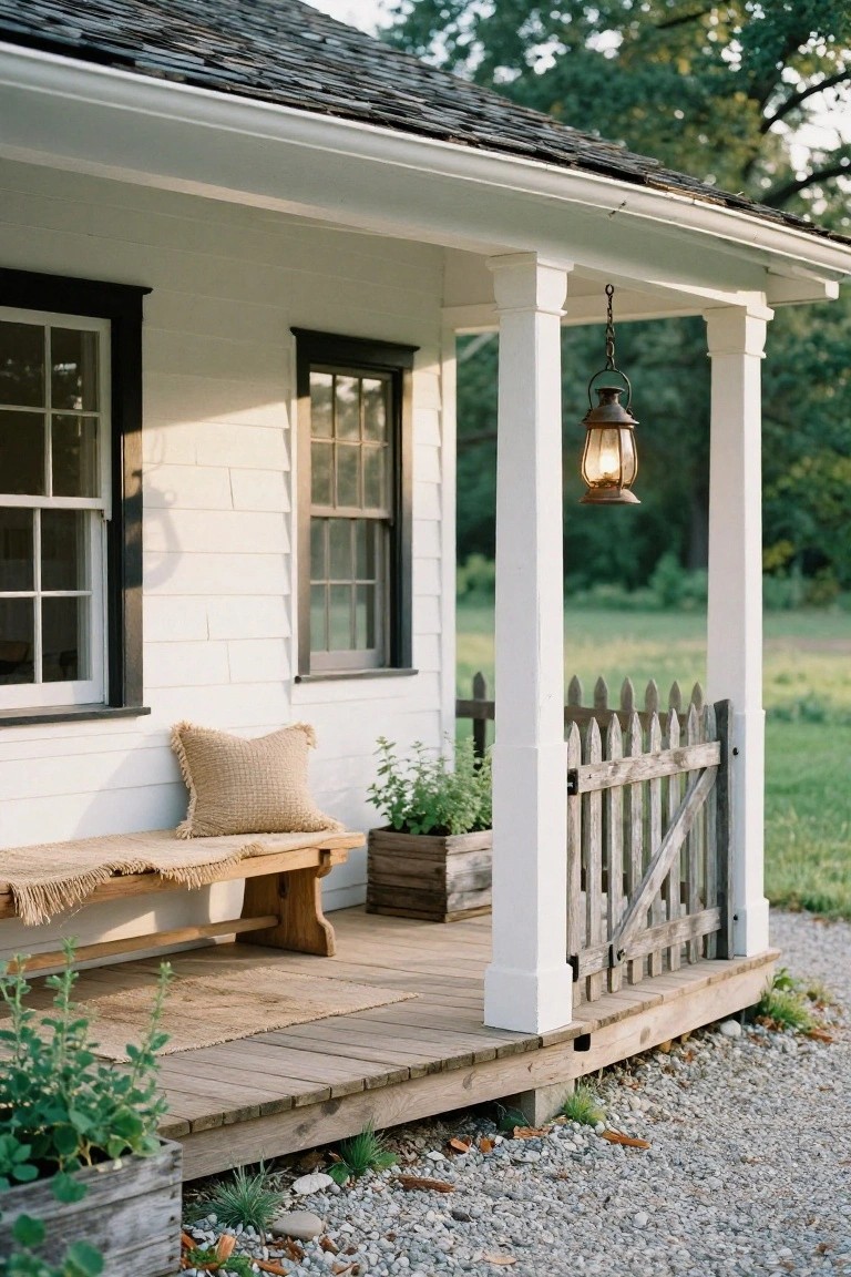 White-sided house exterior with covered porch, wooden bench and beige fringed cushion against the wall, potted herbs in wooden containers, hanging lantern on post, and weathered picket gate beside gravel ground.