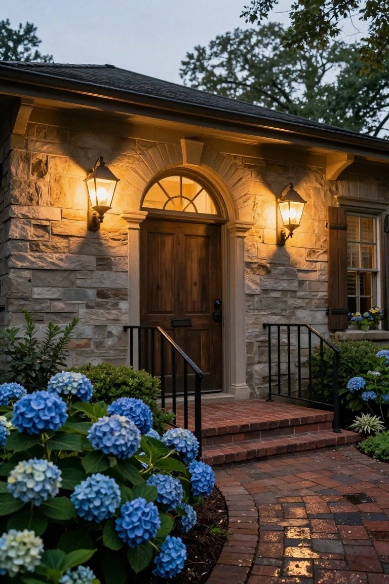 Beige stone house entrance at dusk with dark wood door, arched fanlight window above, two lit lantern sconces flanking the entry, black metal railing on brick steps, blue hydrangeas in beds, and curved brick path.
