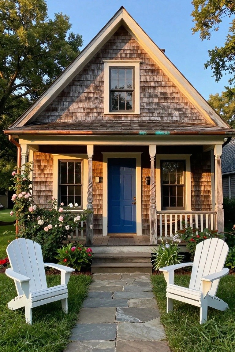 Small gabled shingle-style house with weathered siding, covered front porch featuring a blue door and turned columns, flanked by white Adirondack chairs on a stone pathway with rose bushes and greenery.