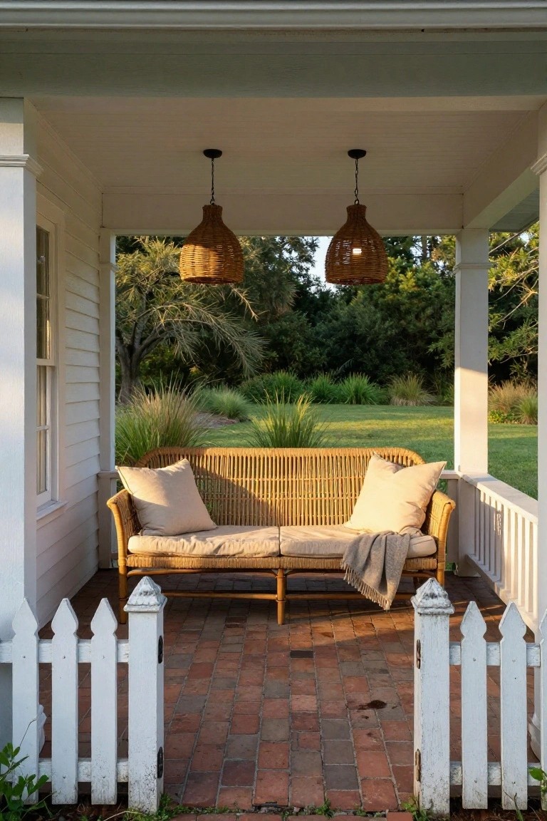 White clapboard house porch featuring a rattan bench with beige cushions and gray throw, two hanging rattan lanterns, white picket fence gate, brick paver floor, and garden view.