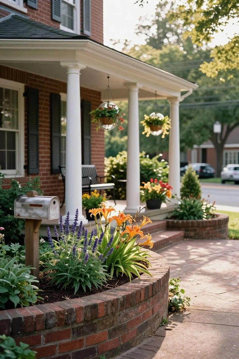 Red brick colonial house with white wraparound porch supported by columns, hanging flower baskets, porch bench, white mailbox on wooden post, and curved brick raised beds planted with orange daylilies, purple lavender, hostas, and other flowers along the sidewalk.