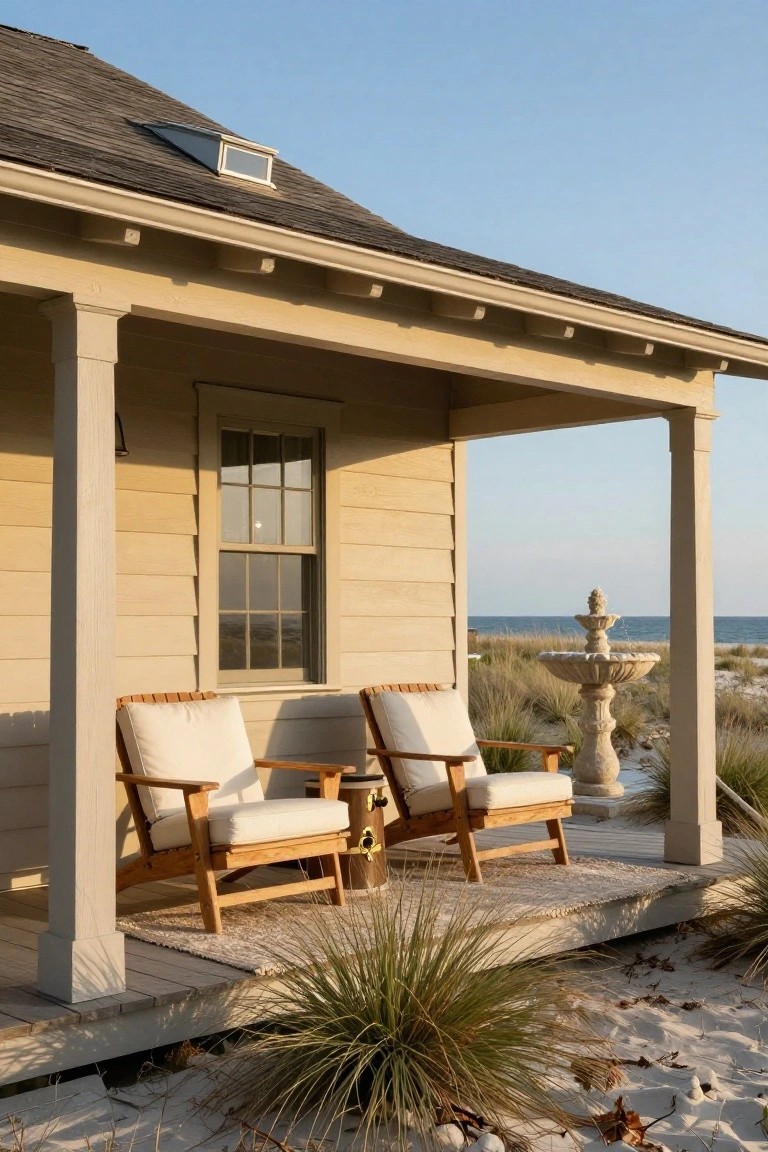 Beige shingled beach house corner with wraparound porch, two wooden armchairs with white cushions and small round table between them, stone fountain on deck amid sea oats, sand, and ocean view.