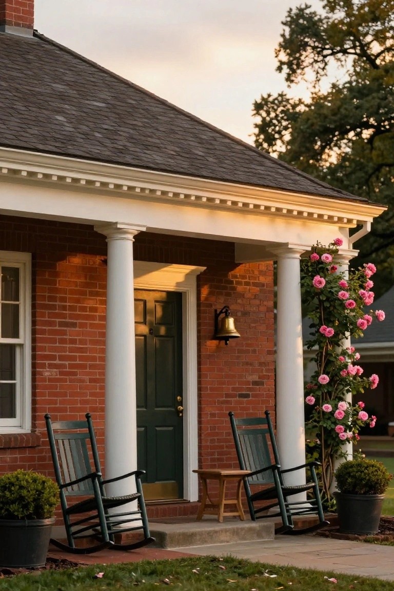 Brick colonial house exterior featuring a white-columned front porch with a green door, brass door bell, two green rocking chairs, a small wooden table, climbing pink roses on one column, potted plants, and a yard at sunset.