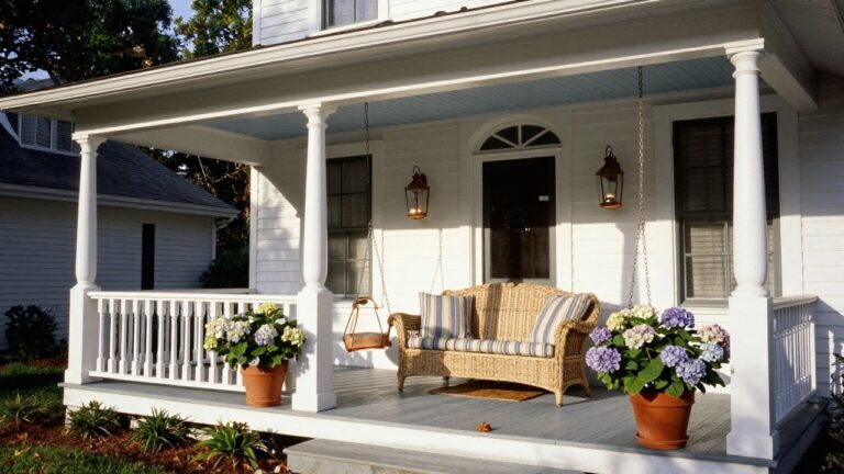 10 Colonial House Exterior Wraparound Porch Designs That Feel Inviting White clapboard house with wraparound porch featuring blue ceiling, white columns, hanging wicker loveseat swing with blue and white striped cushions, potted blue hydrangeas flanking the porch, lantern lights, and potted plants.