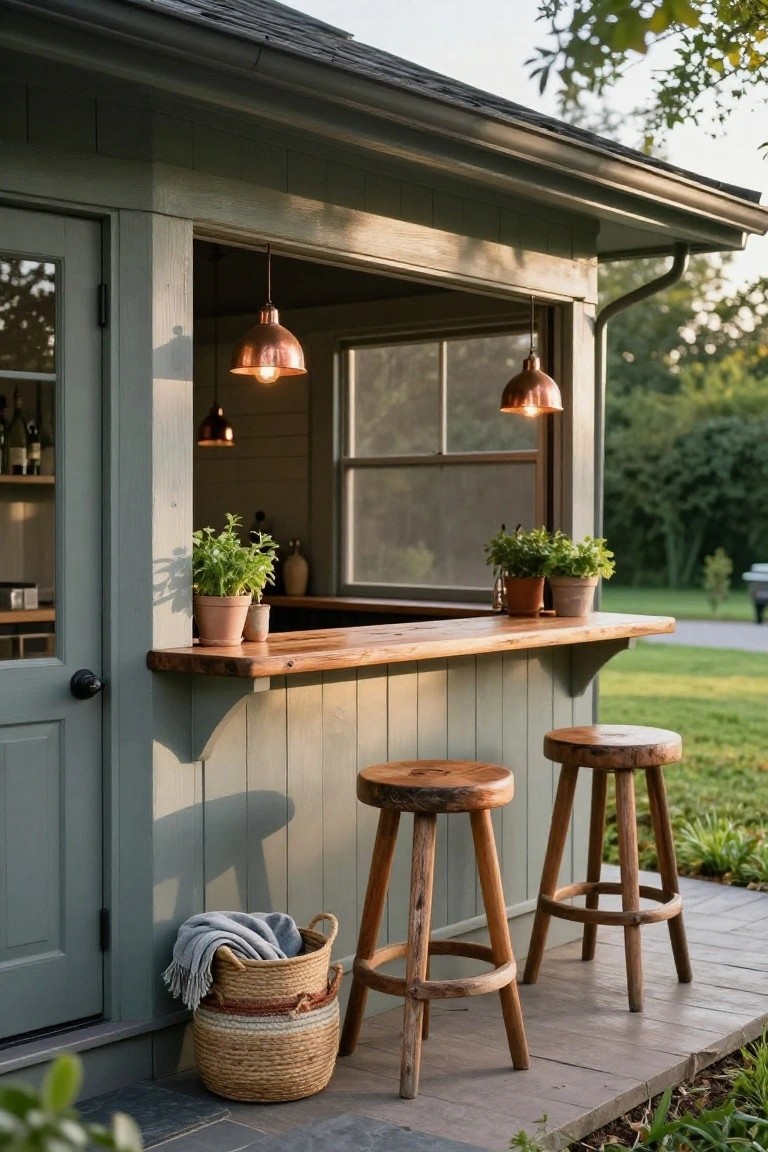 Sage green wooden shed with open serving window and overhanging wooden bar counter, two wooden stools on stone patio outside, potted plants on bar, copper pendant lights inside, surrounded by grass and garden.