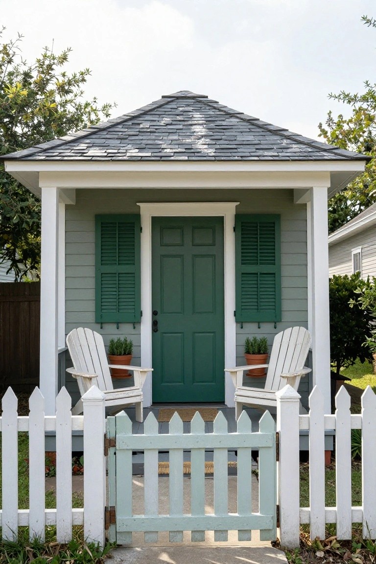 Small light gray clapboard house with gabled slate roof, dark green front door flanked by matching shutters, white porch columns, two white Adirondack chairs with terracotta pots on the porch, and white picket fence with light blue gate in front.