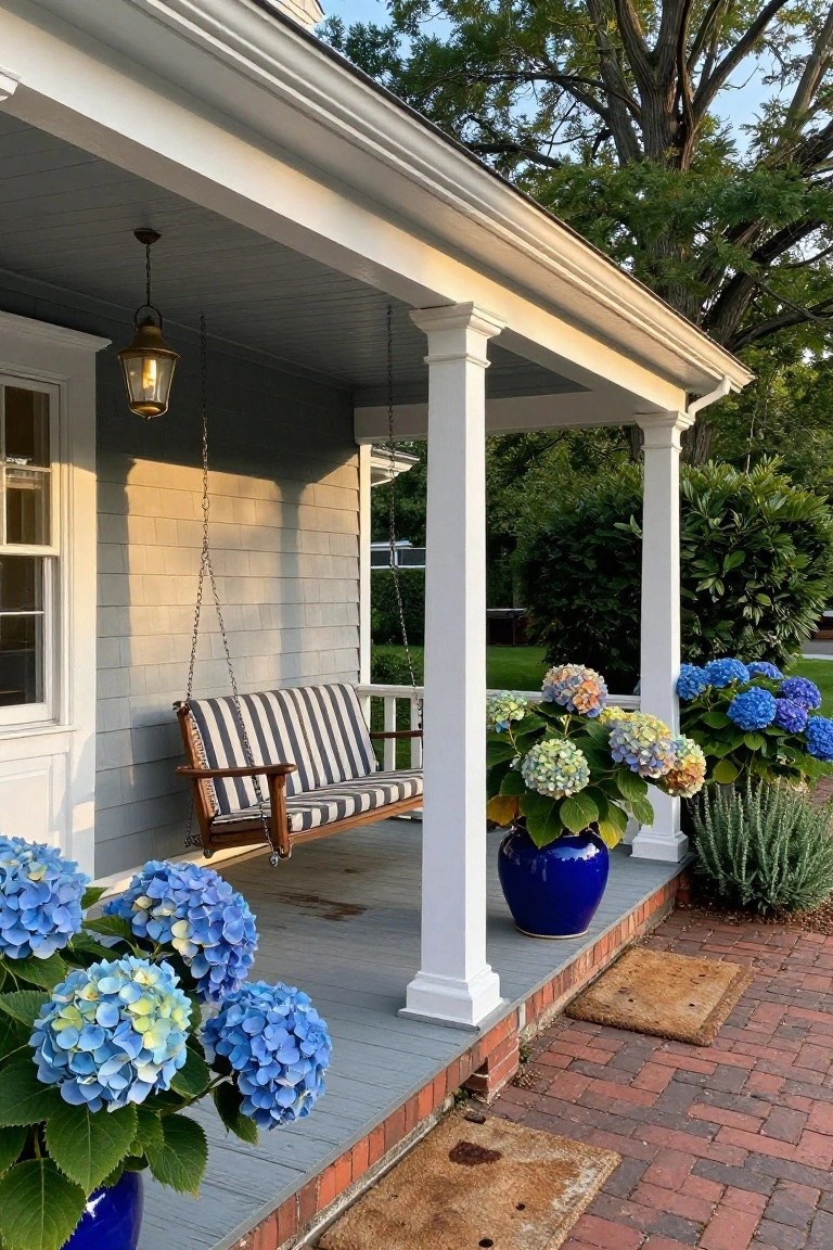 Gray shingle-style colonial house porch with white columns, hanging wooden swing with navy and white striped cushions, large blue hydrangea plants in blue pots flanking the steps, and brick paver walkway.