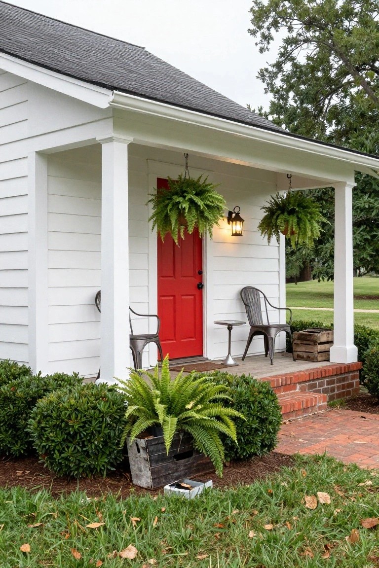 White board-and-batten house with black standing-seam roof and wraparound porch, featuring bright red front door, hanging fern baskets, wall lantern, metal chairs and table, wooden crate planter, boxwood shrubs, brick steps, and grass yard.