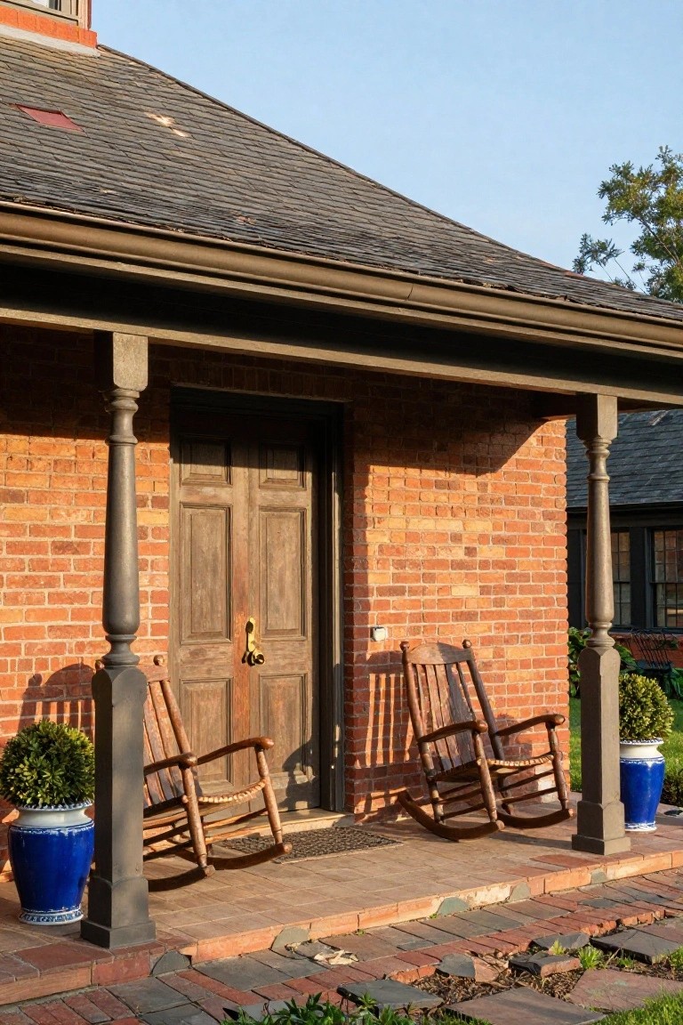 Brick house exterior with covered porch, wooden double door, brass knocker, two wooden rocking chairs positioned beside the door, blue ceramic pots with topiary plants, and turned columns.