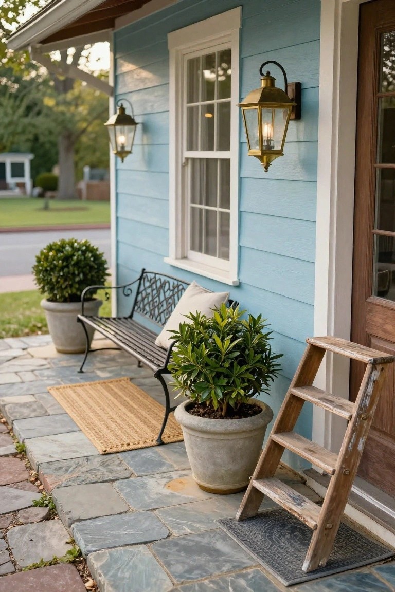 Light blue clapboard house exterior featuring a wooden entry door with brass lantern light fixtures, a black wrought-iron bench with white cushions on a stone path, two potted boxwood shrubs, a weathered wooden stepladder leaning against the wall, and woven doormats.