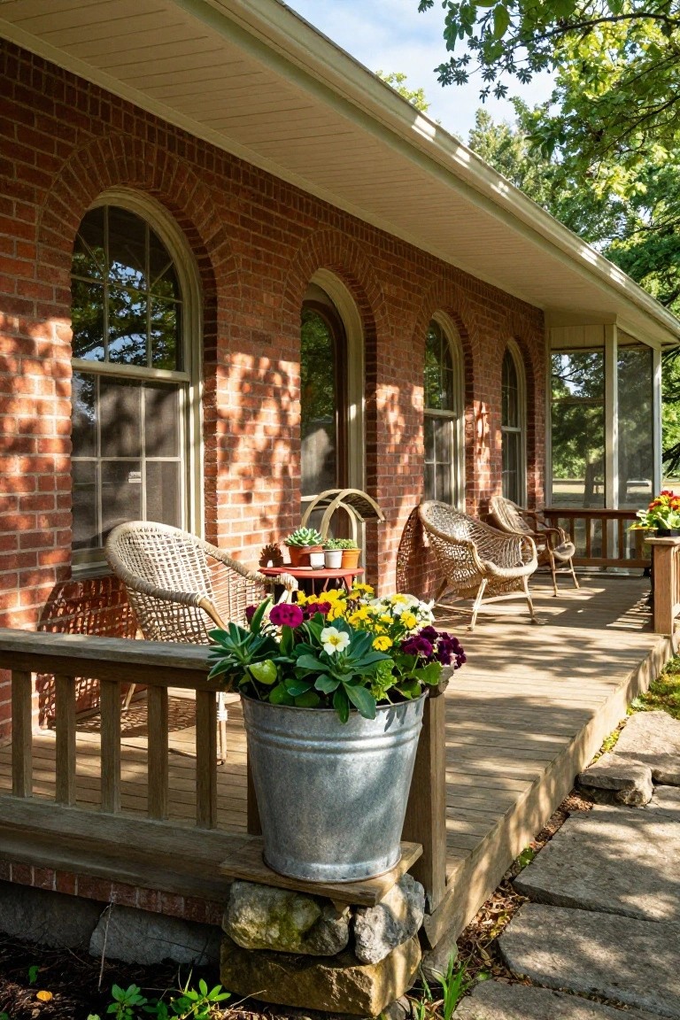 Red brick house with arched windows along a wooden deck porch furnished with two rattan rocking chairs, a small round table, potted plants, and a large galvanized bucket planter on the railing, with trees and stone steps nearby.