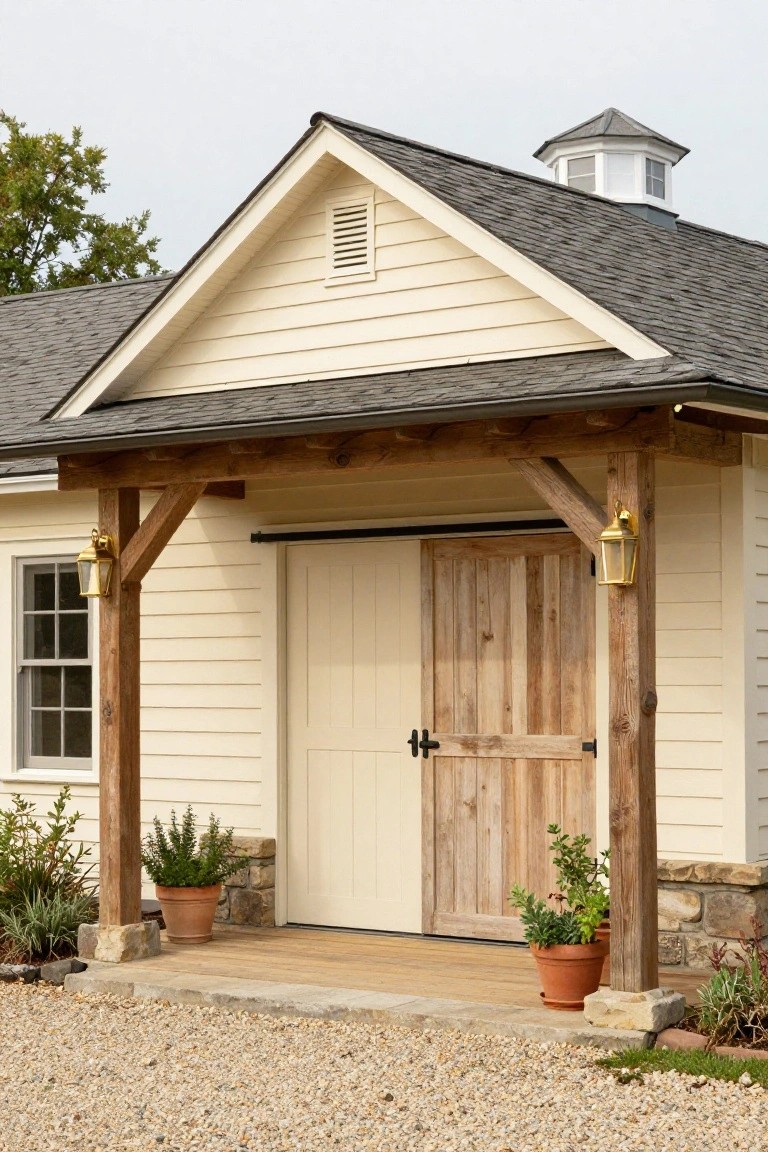 Beige clapboard garage with large wooden sliding barn door under timber post porch, brass lanterns, potted plants, stone base, and gravel driveway.