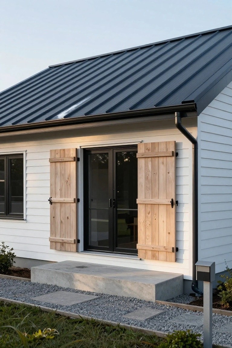 White clapboard-sided cottage exterior with dark gray standing-seam metal roof, open board-and-batten wooden shutters framing black French doors, concrete entry steps, gravel path, downspout, and low plantings.