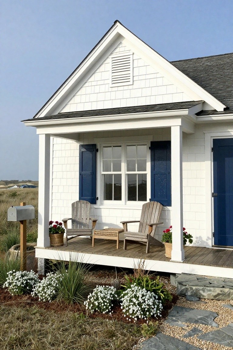 White shingle-sided cottage with gabled roof, blue shutters on a multi-pane window, blue front door, porch with two Adirondack chairs and small table, potted plants, metal mailbox on post, and low white flowering plants in front yard.