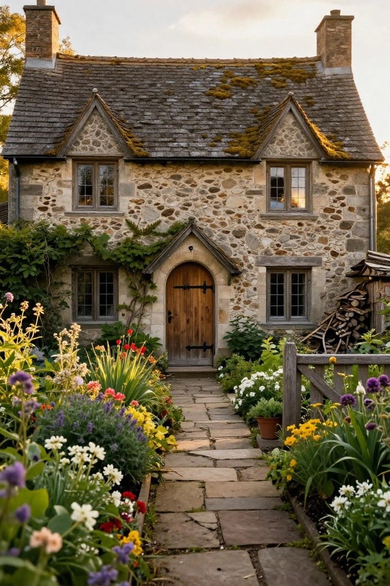 A small two-story stone cottage with mossy slate roof, arched wooden entry door, leaded glass windows, climbing ivy, and a stone path lined with colorful flower beds.