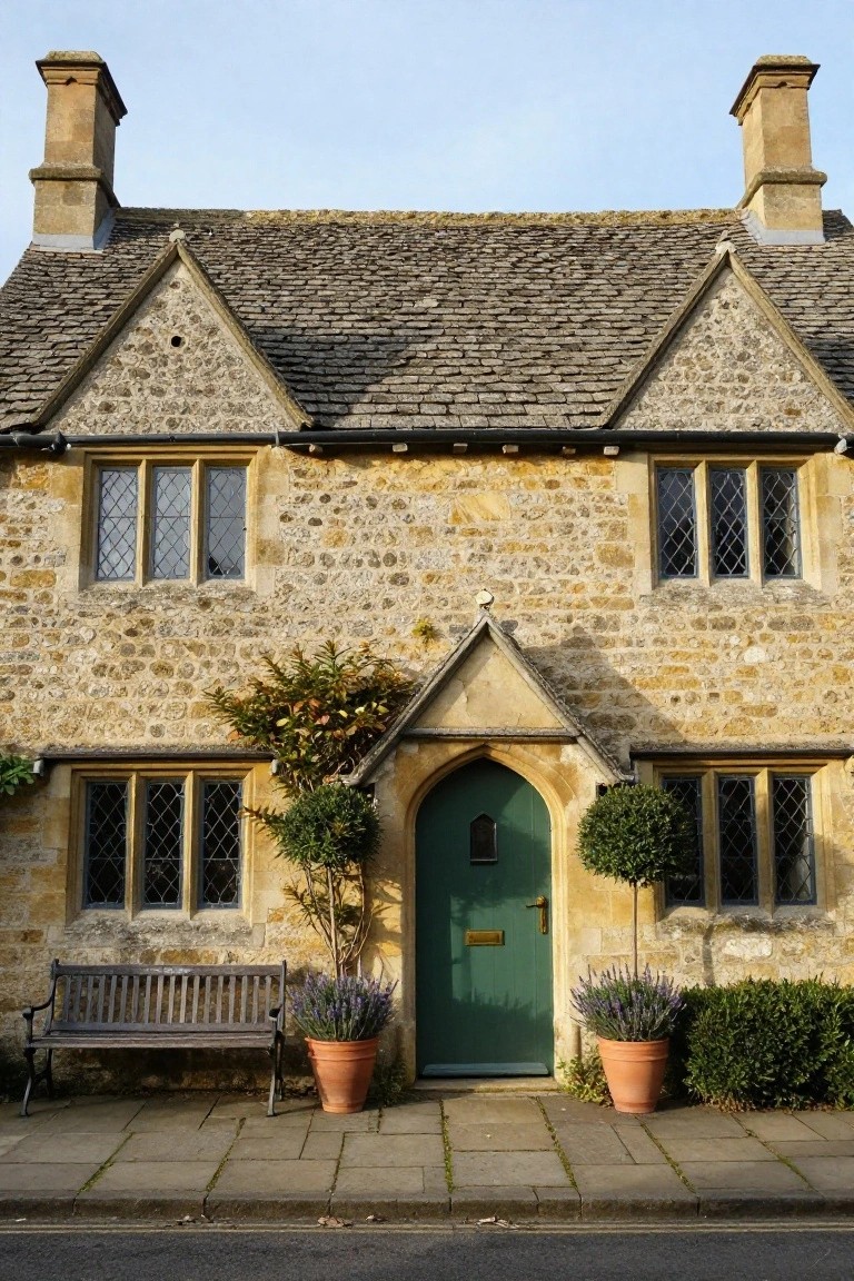 Two-story beige stone cottage with steeply pitched gabled roof, multipane leaded windows, arched green front door, potted lavender and topiary plants flanking the entrance, wooden bench on pavement, and low shrubs nearby.