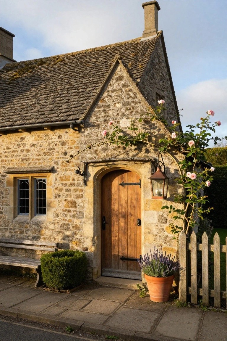 Stone cottage exterior with golden walls, steeply pitched roof, arched wooden door with iron hardware, copper lantern light, climbing pink roses on the wall, lavender plant in terracotta pot, boxwood shrub on wooden bench, and white picket fence along stone path.