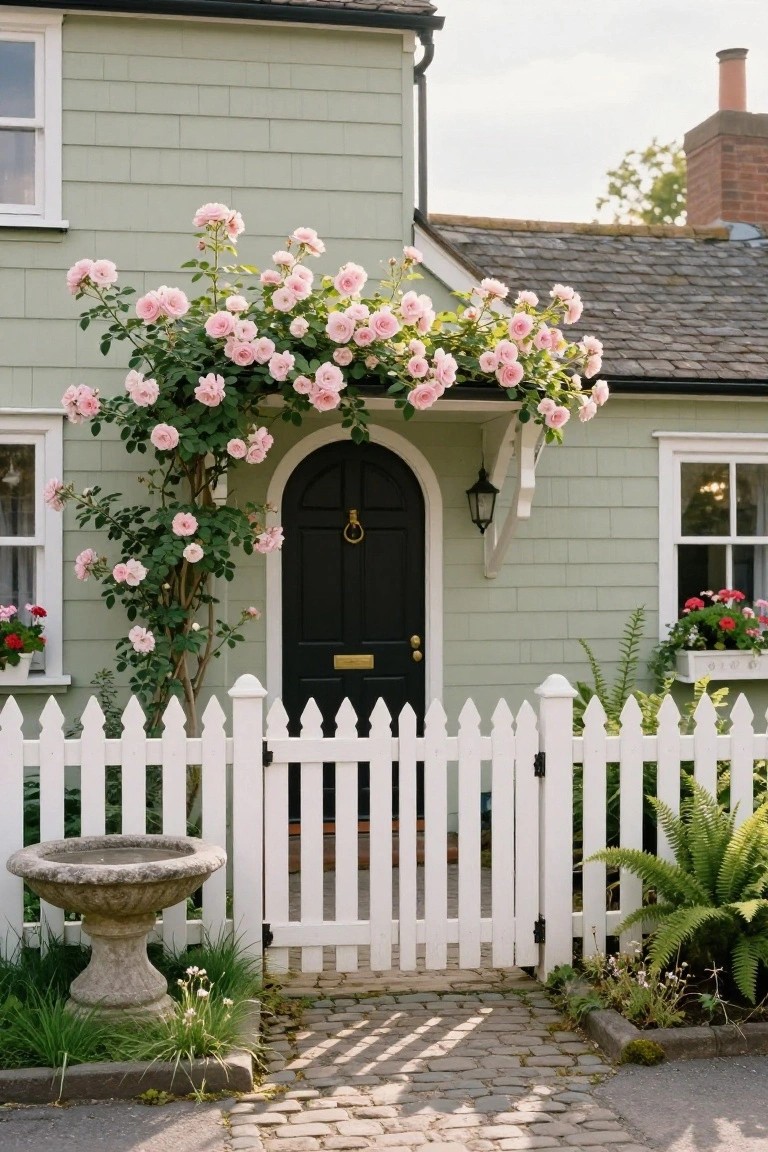 Mint green shingled cottage with pink climbing roses draping over a black arched front door, white picket fence gate, stone birdbath, flower boxes in windows, and cobblestone path.