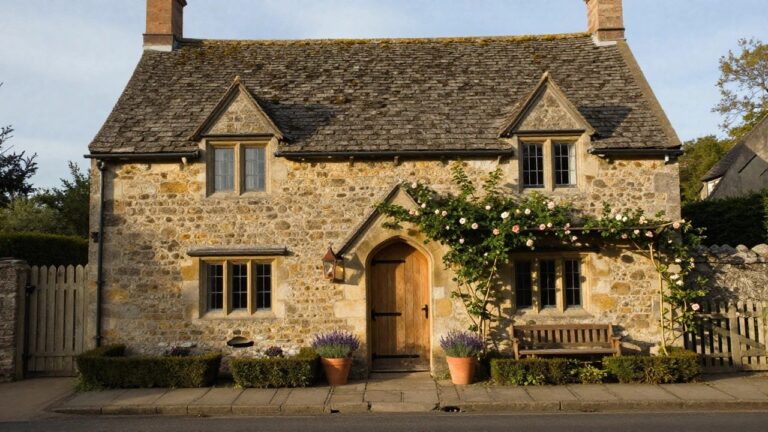 Stone cottage exterior with golden walls, steeply pitched roof, arched wooden door with iron hardware, copper lantern light, climbing pink roses on the wall, lavender plant in terracotta pot, boxwood shrub on wooden bench, and white picket fence along stone path.