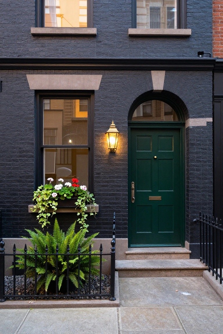 Dark brick townhouse facade with arched green paneled front door, brass lantern, flower window box on side window, potted ferns behind black iron railing, and stone steps.